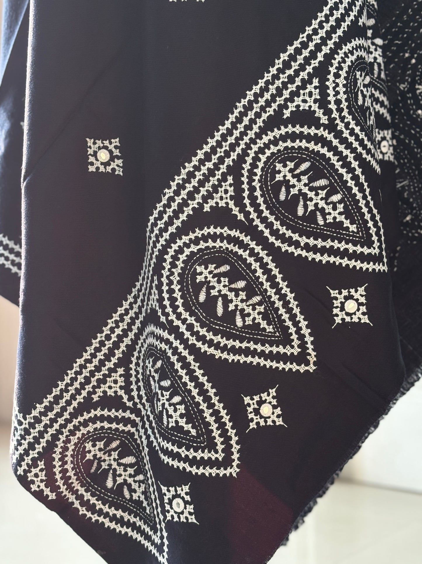 Gujrati Stitch Hand Embroidered Woollen Warm Shawl- Blue