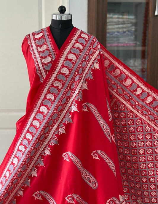 Red Kantha Stitch Hand Embroidered Pure Banglore Silk Saree (Silk Marked)