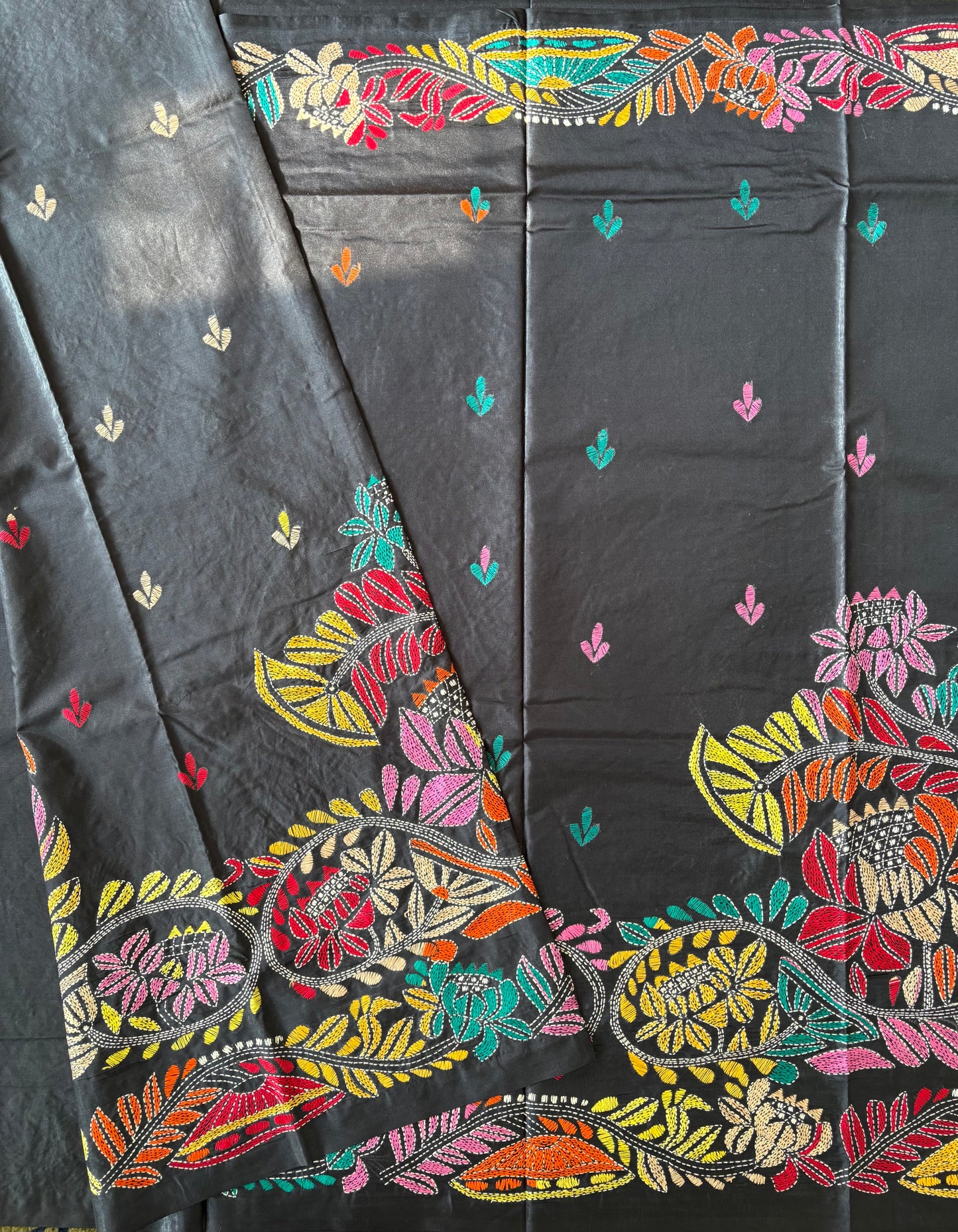 Kantha Stitch Hand Embroidered Art Silk Saree With Blouse