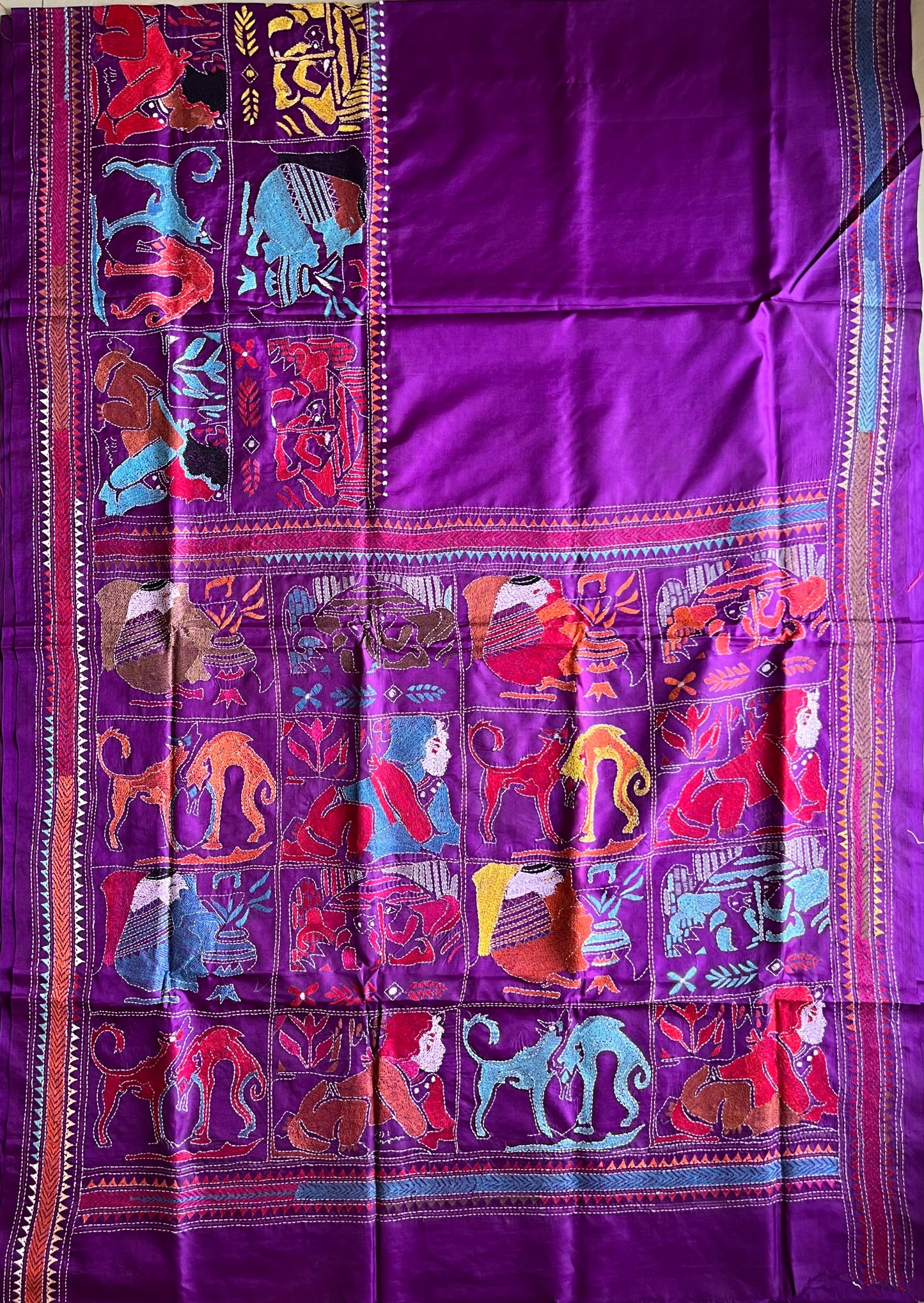 Purple Kantha Hand Embroidary Pure Banglore Silk Saree