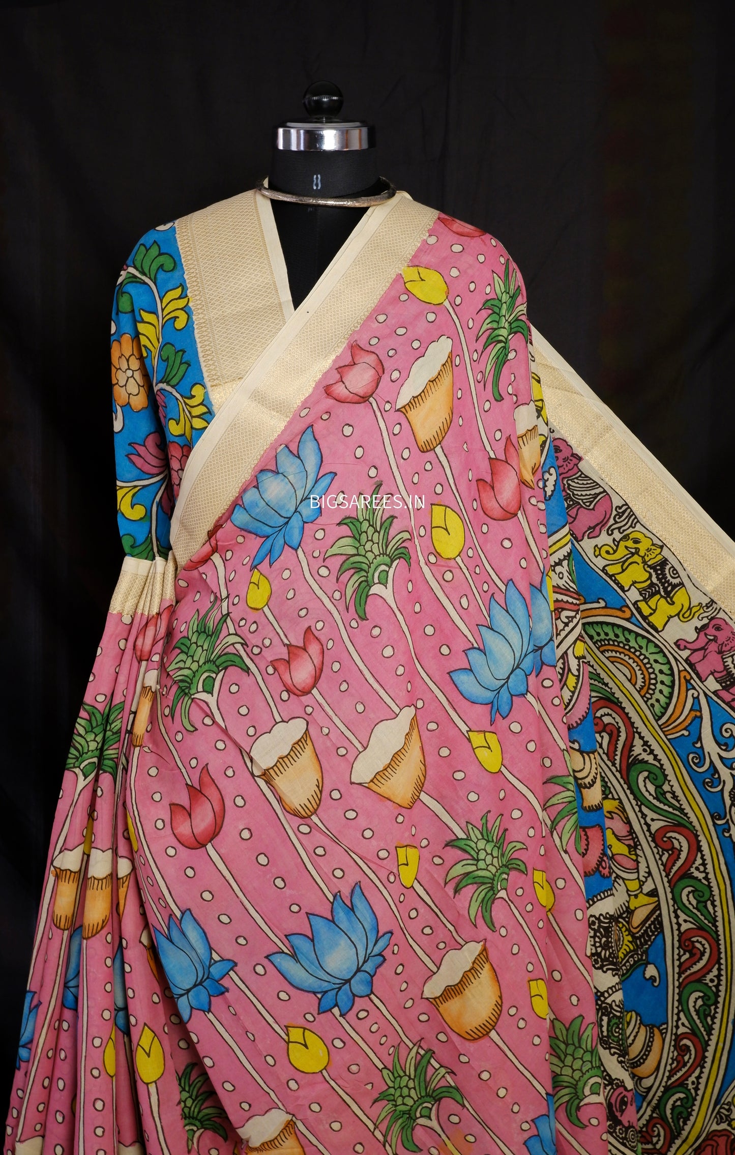 Pen Kalamkari hand painted pure cotton Saree with blouse