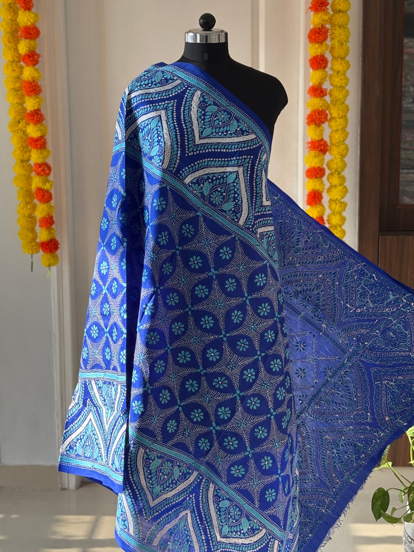 Kantha Hand Embroidary Full Work Pure Banglore Silk Dupatta. (With Silk Mark)
