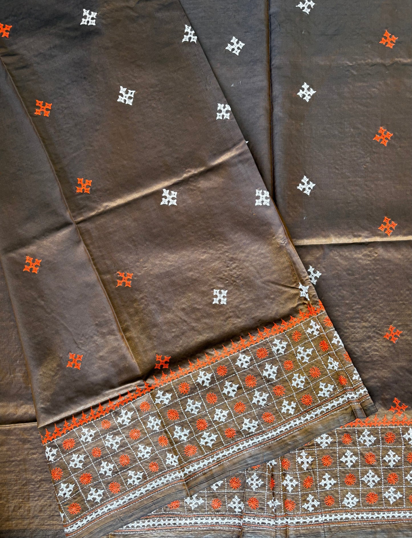 Gujrati Stitch/Kutch Hand Embroidered Art Silk Saree