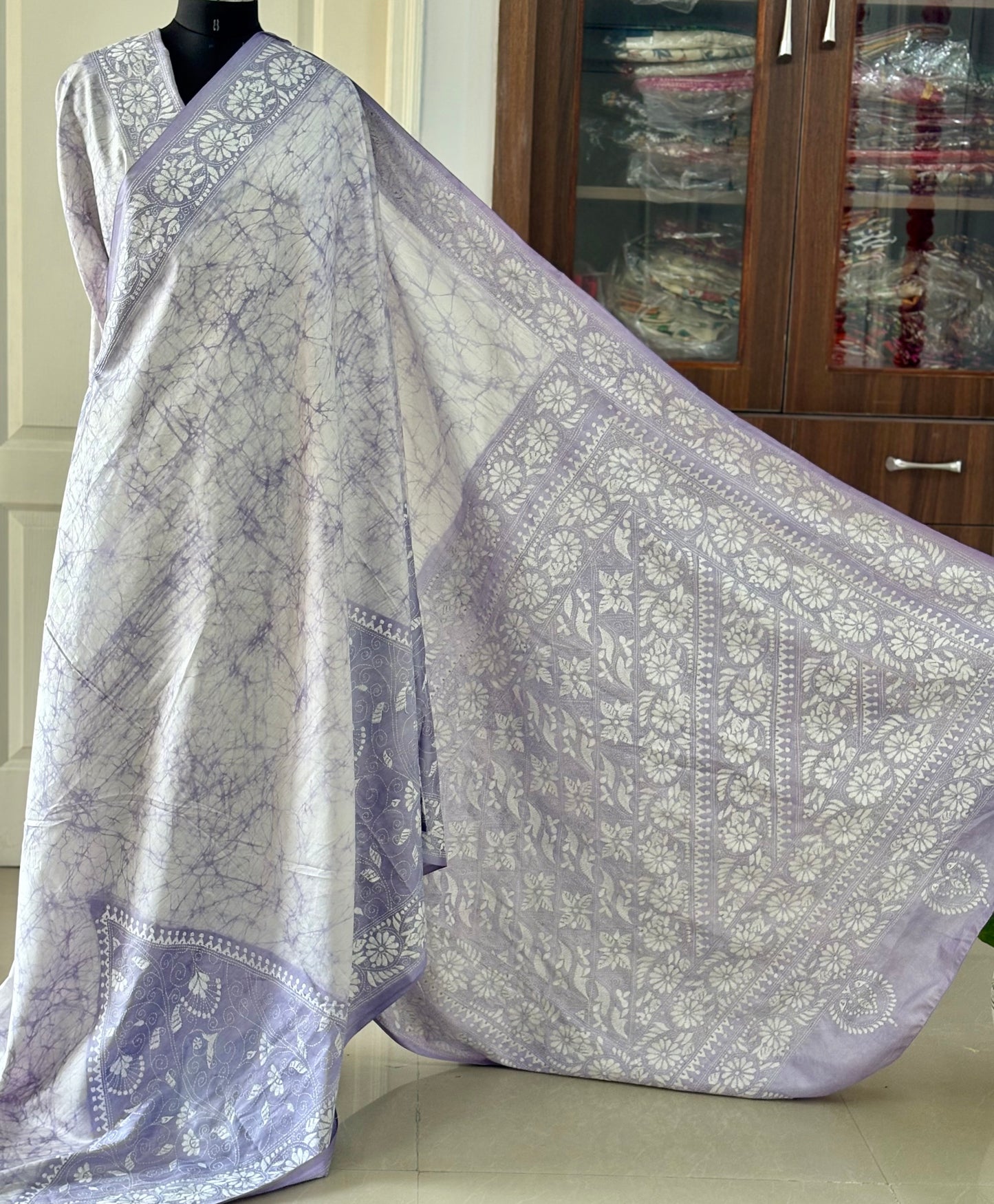 Hand Embroidered Kantha Stitch Saree in Artificial Silk