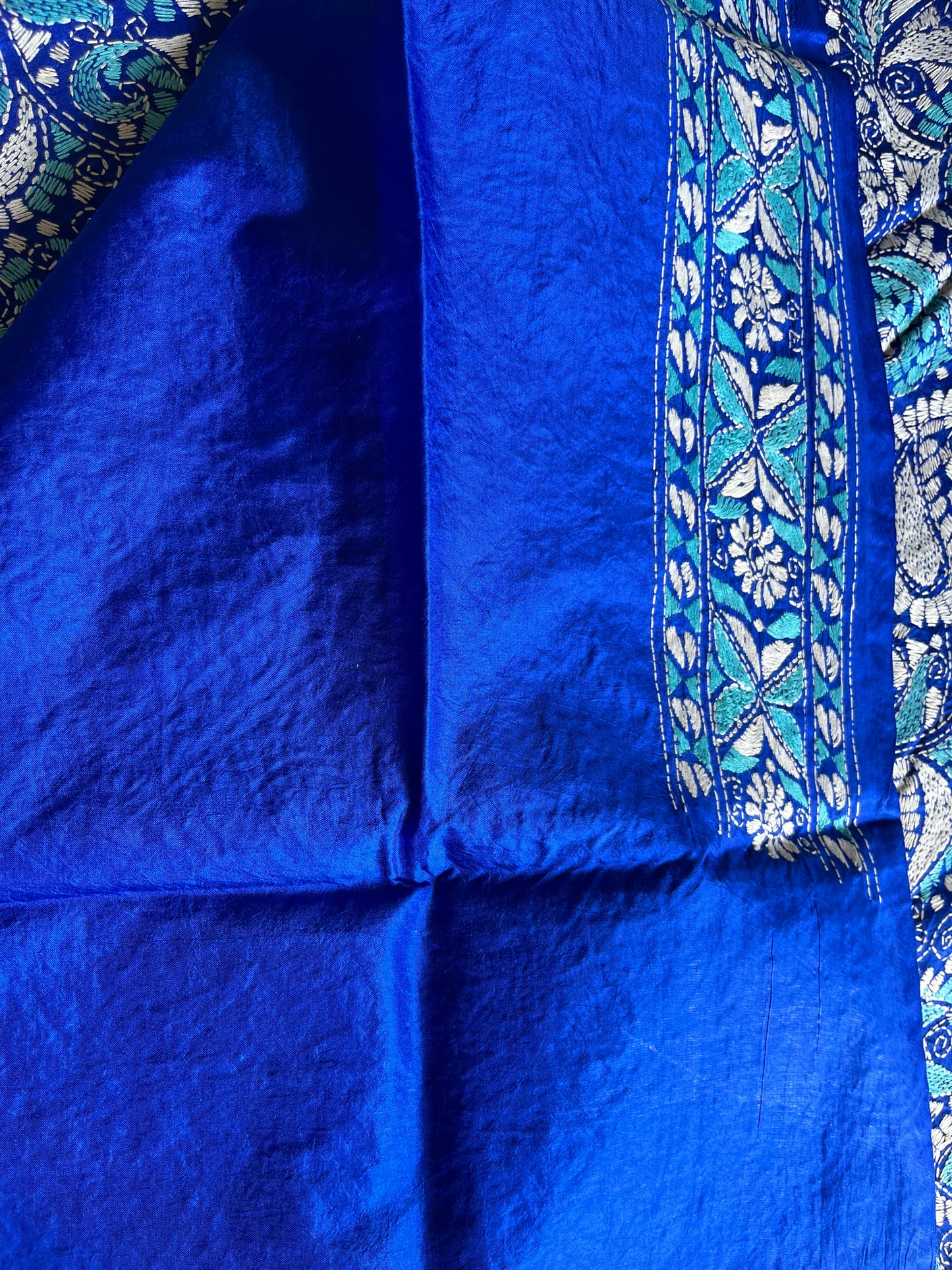 Royal Blue Kantha Hand Embroidered Pure Banglore Silk Saree