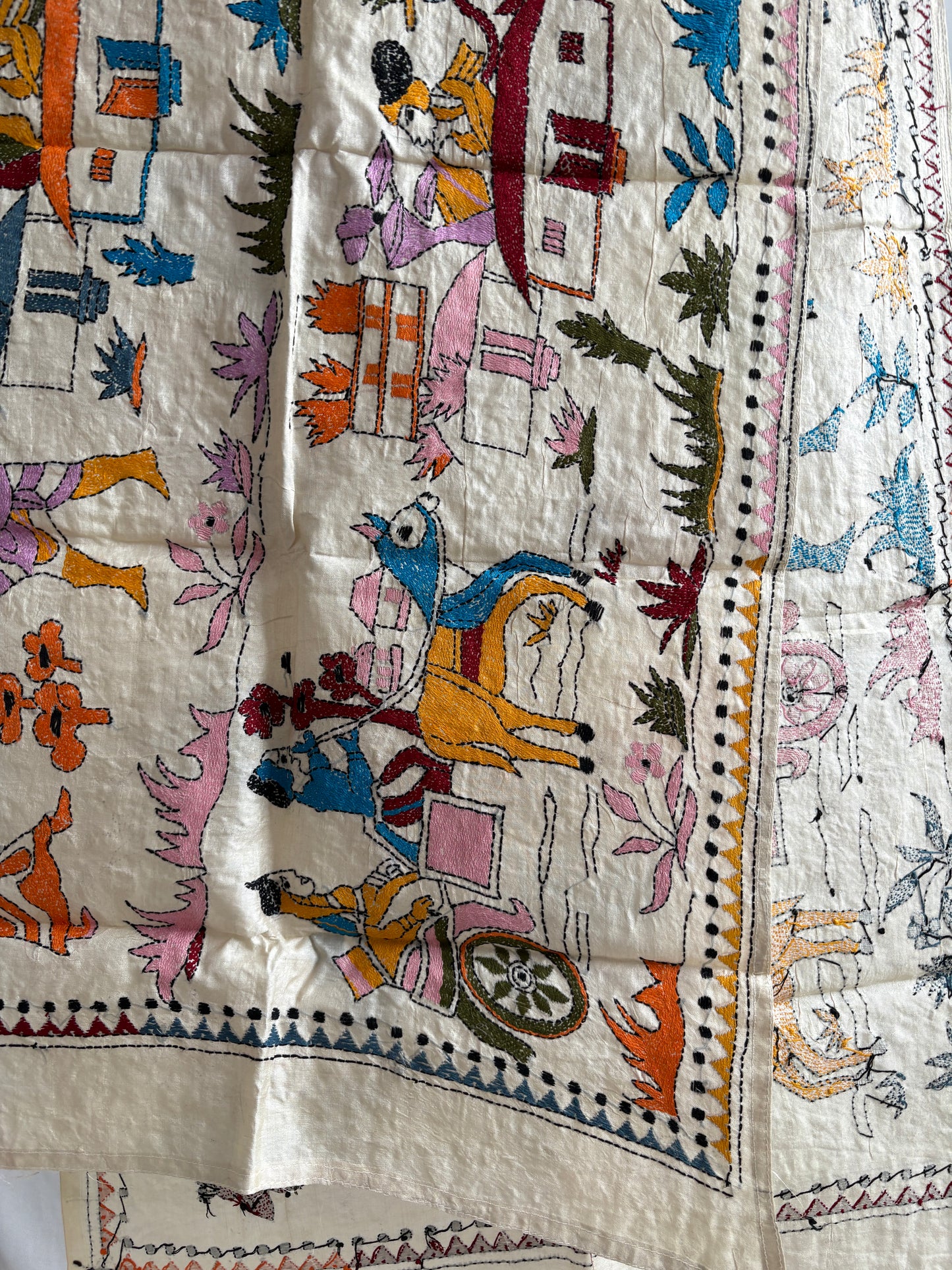 Kantha Pure Tassar Silk Stole | Off white | 22" |