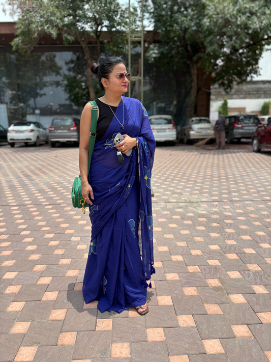 Hand Painted Mul Cotton Saree - Dark Blue