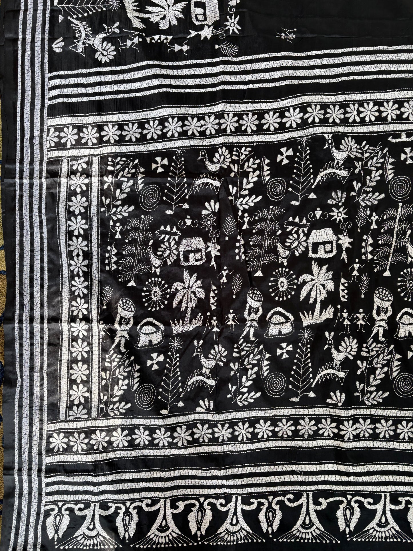 Kantha Hand Embroidered Blended Banglore Silk/Art Silk Saree With Blouse