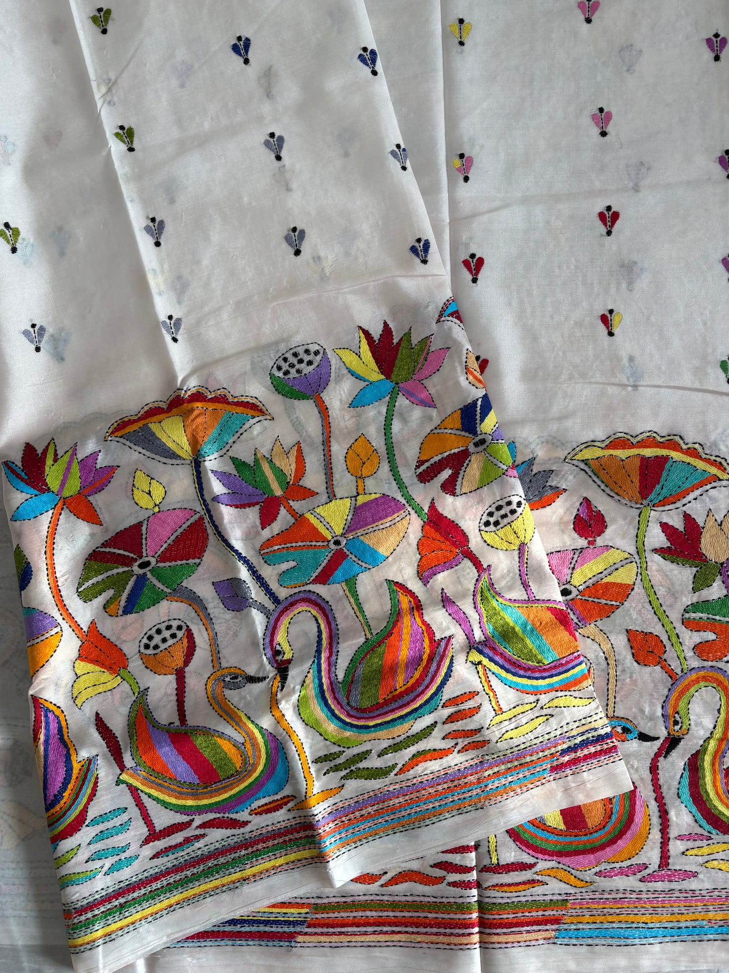 Kantha Hand Embroidered Blended Banglore Silk/Art Silk Saree With Blouse