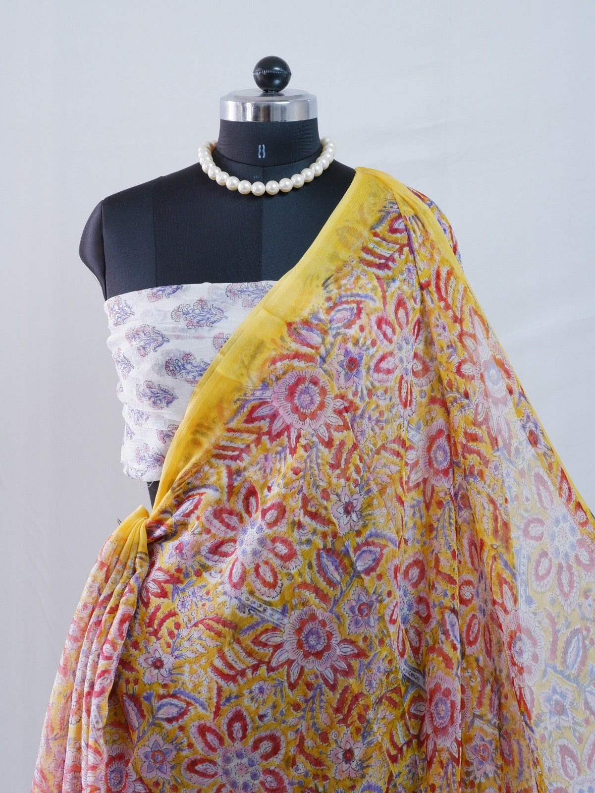 Hand Block Print Saree | Pure Chiffon | Yellow