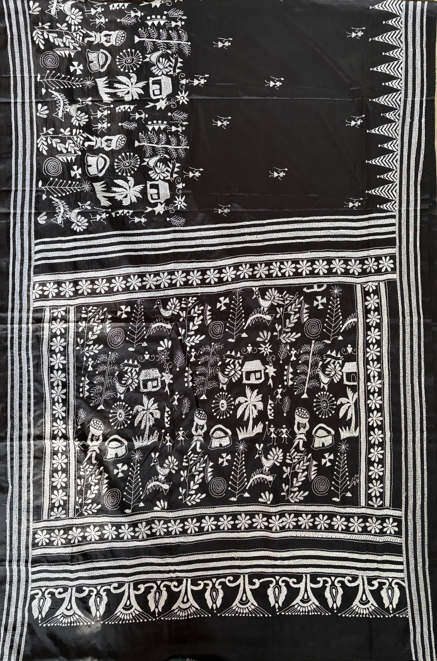 Kantha Hand Embroidered Blended Banglore Silk/Art Silk Saree With Blouse