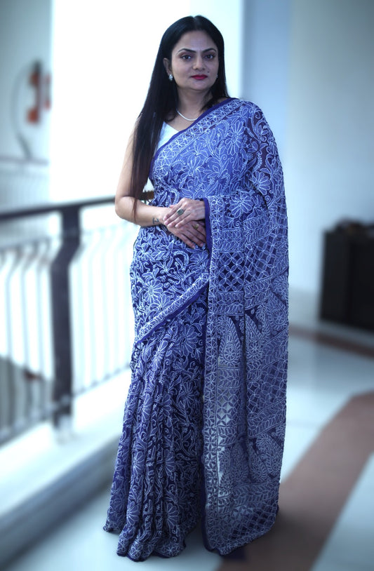 Navy Blue - White Georgette Chikankari Work Hand Embroidered Saree