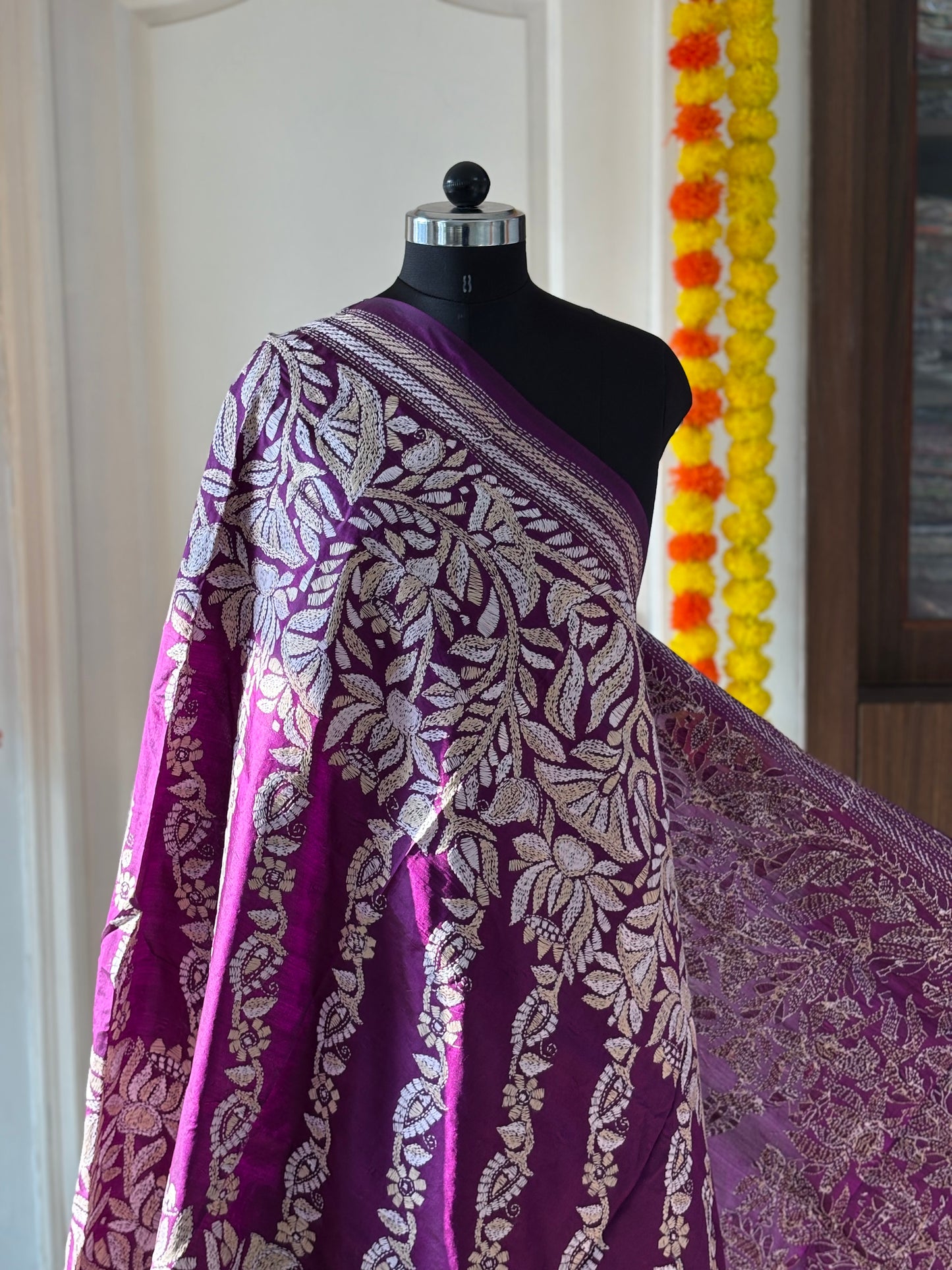 Kantha Hand Embroidary Full Work Pure Banglore Silk Dupatta. (With Silk Mark)