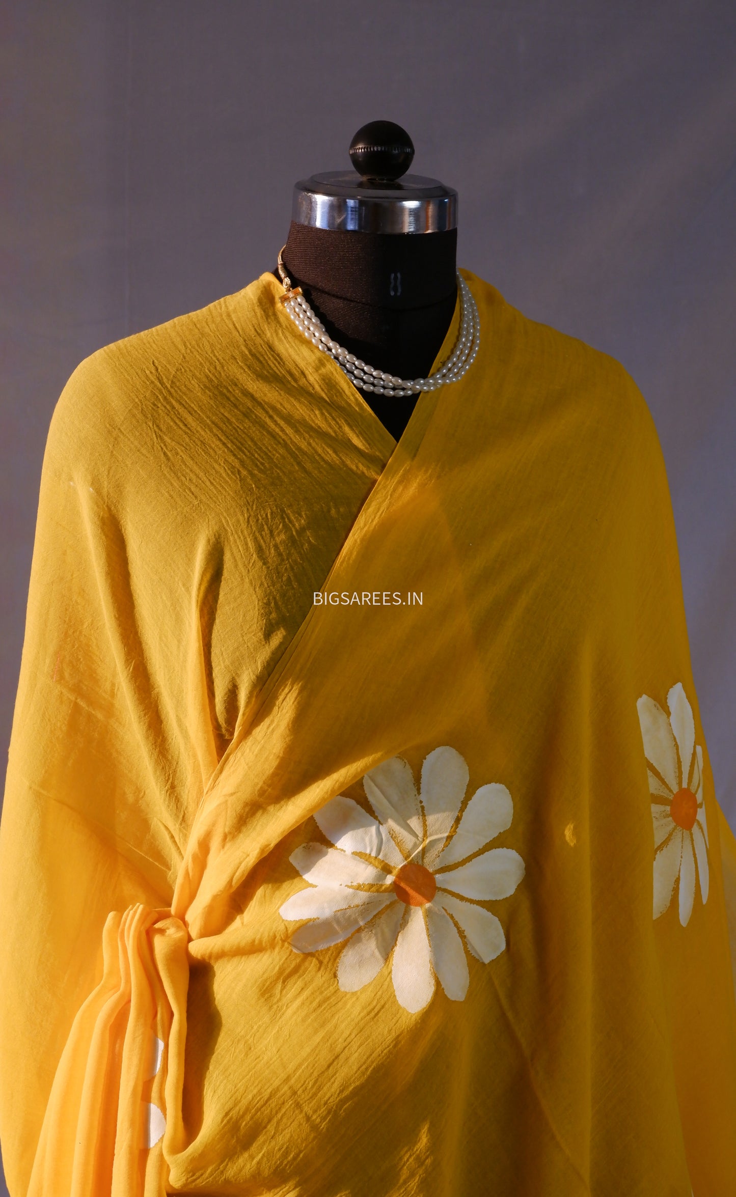 Hand Painted Mul Cotton Saree with Blouse | Yellow