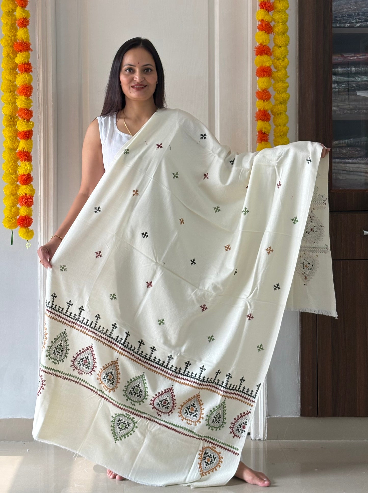 Gujrati Stitch Hand Embroidered Woollen Warm Shawl