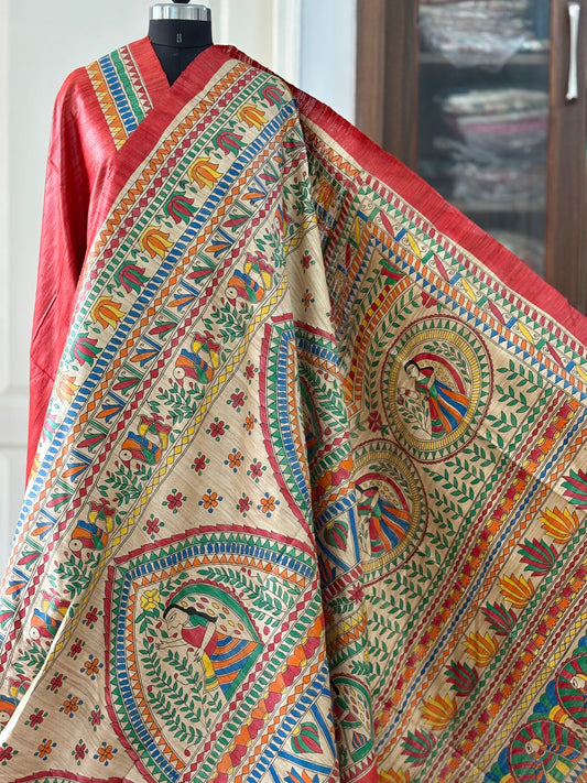 Pure Tussar Ghicha Silk Handcrafted Madhubani Half Saree (Silk Marked)