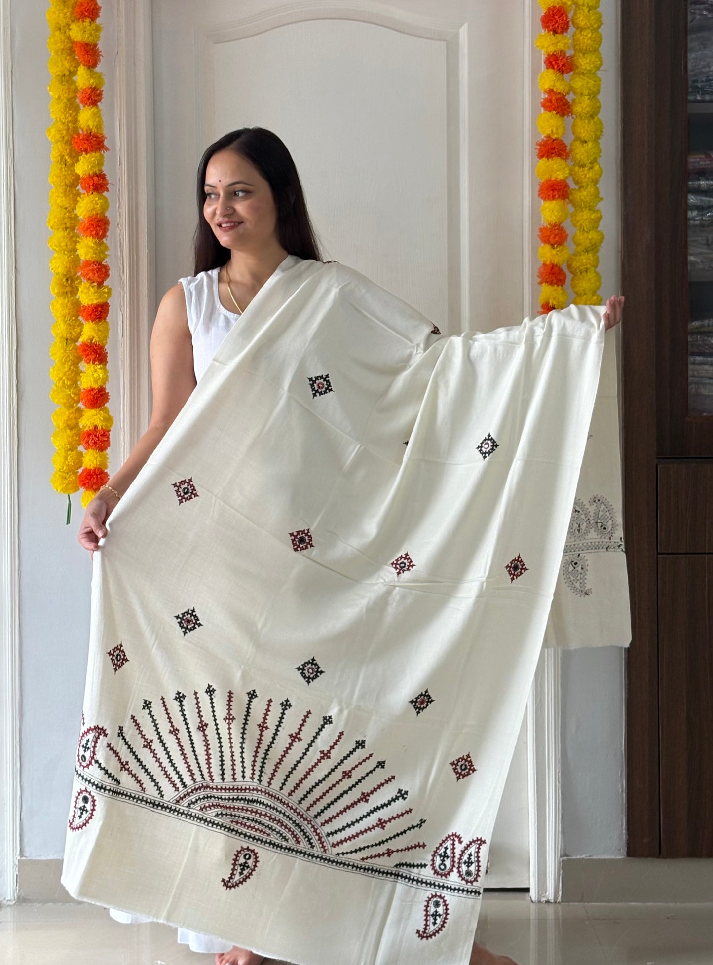 Gujrati Stitch Hand Embroidered Woollen Warm Shawl