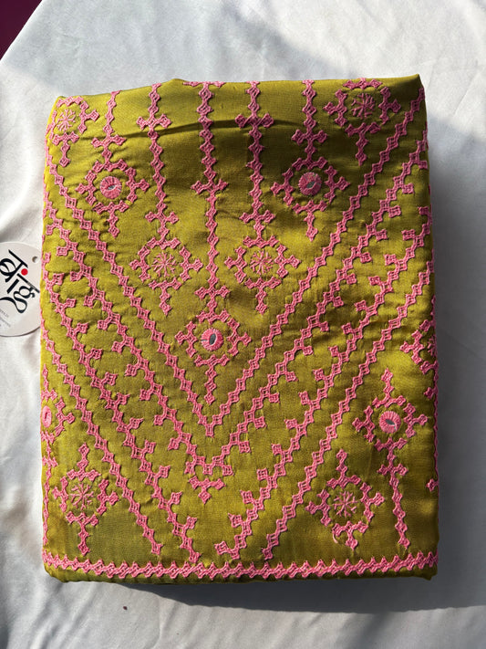 Gujrati Stitch/Kutch Hand Embroidered Art Silk Saree