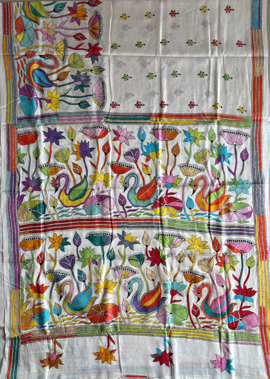 Off white Kantha Hand Work Embroidered Art Silk Saree With Blouse