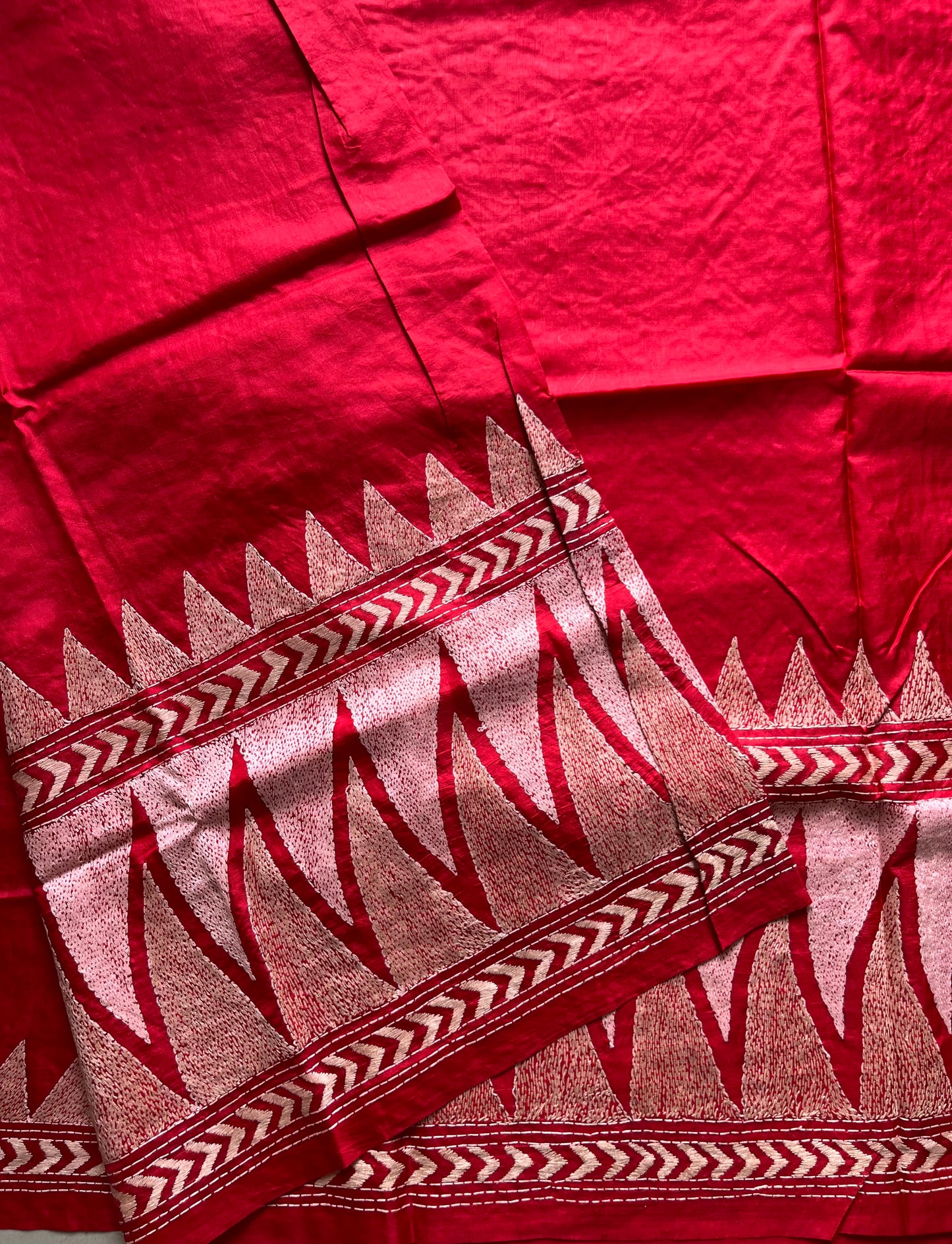 Red Kantha Stitch Hand Embroidered Pure Banglore Silk Saree