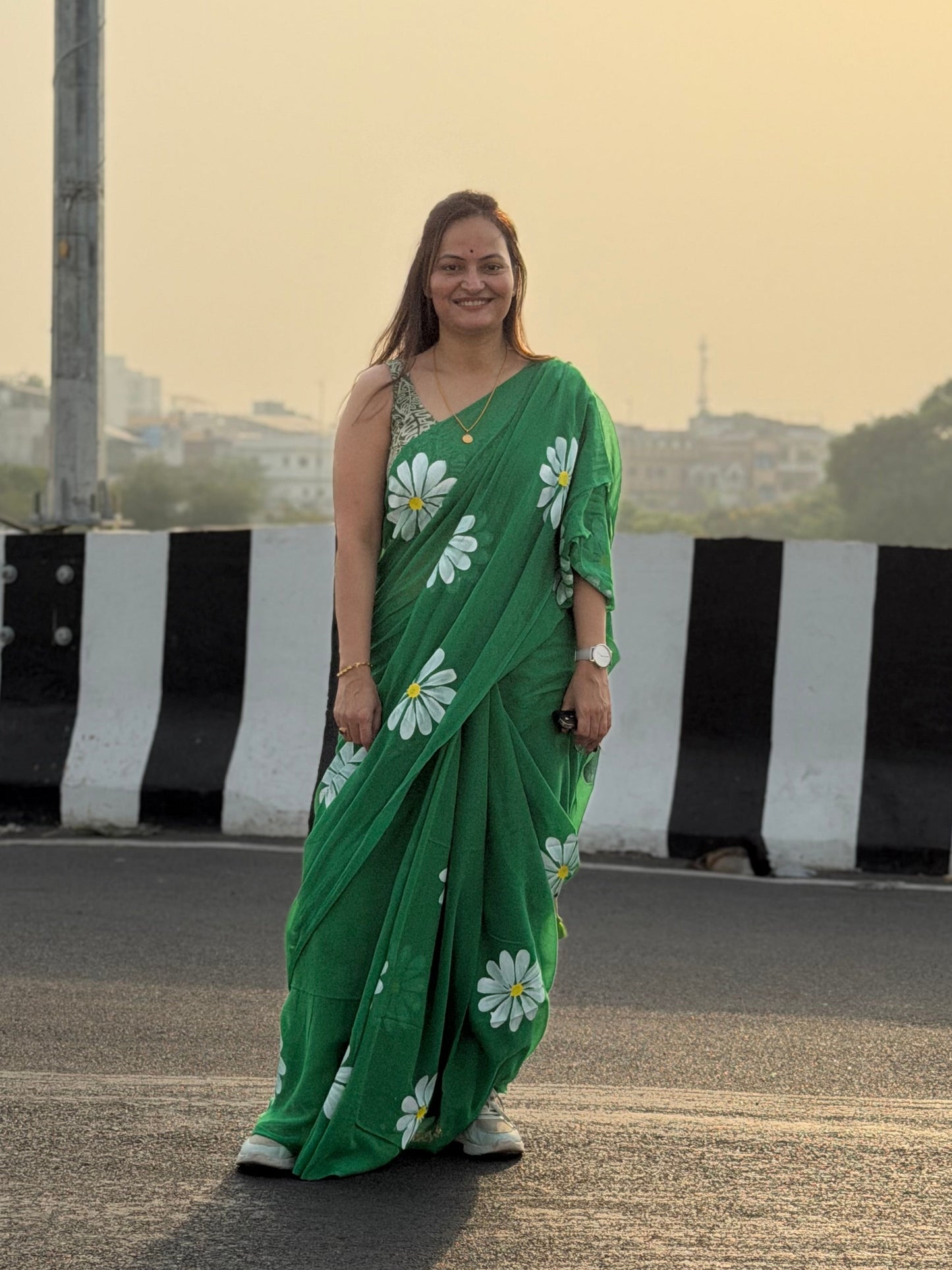 Hand Painted Mul Cotton Saree with Blouse | Green