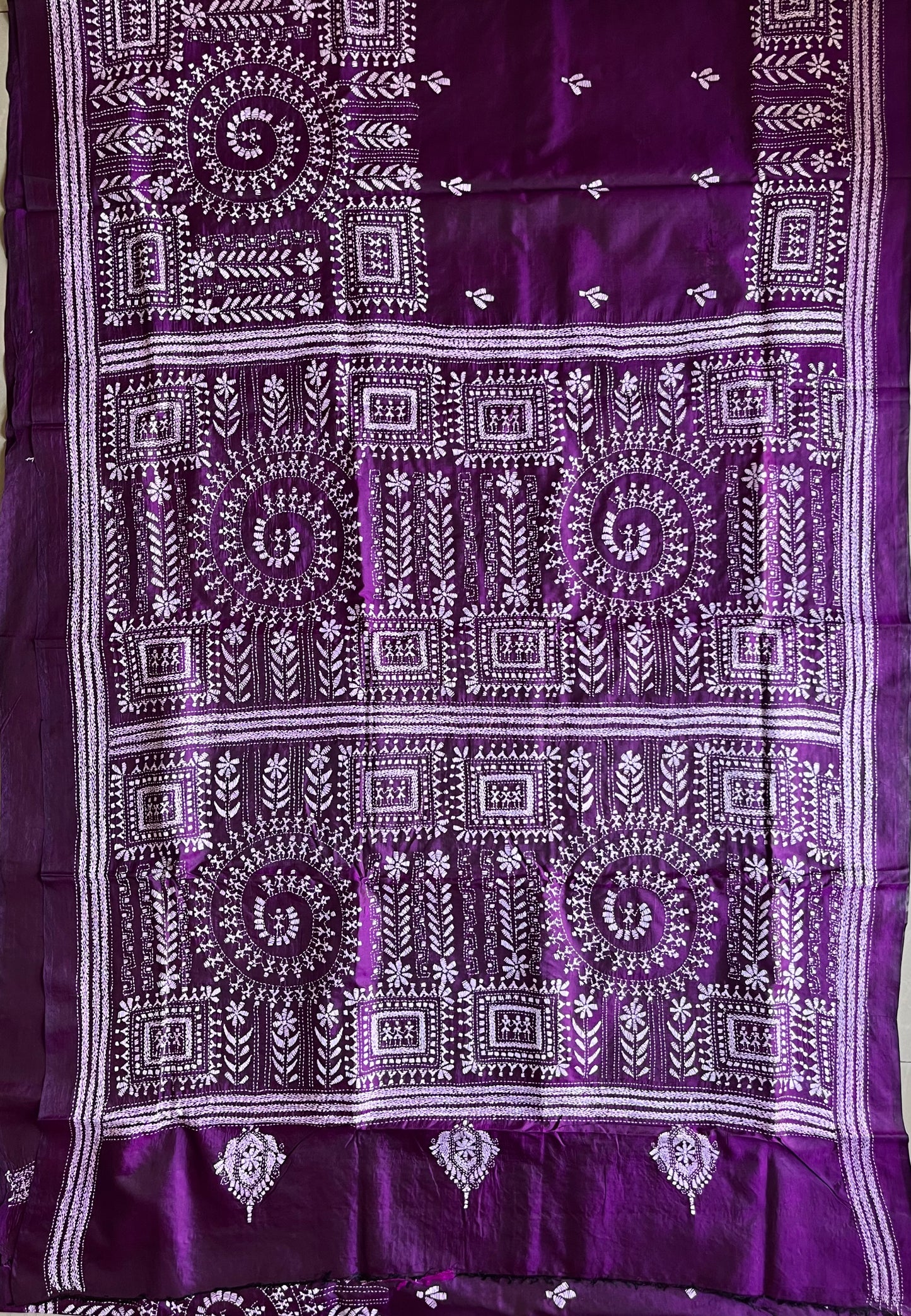 Purple Kantha Stitch Hand Embroidered Pure Banglore Silk Saree