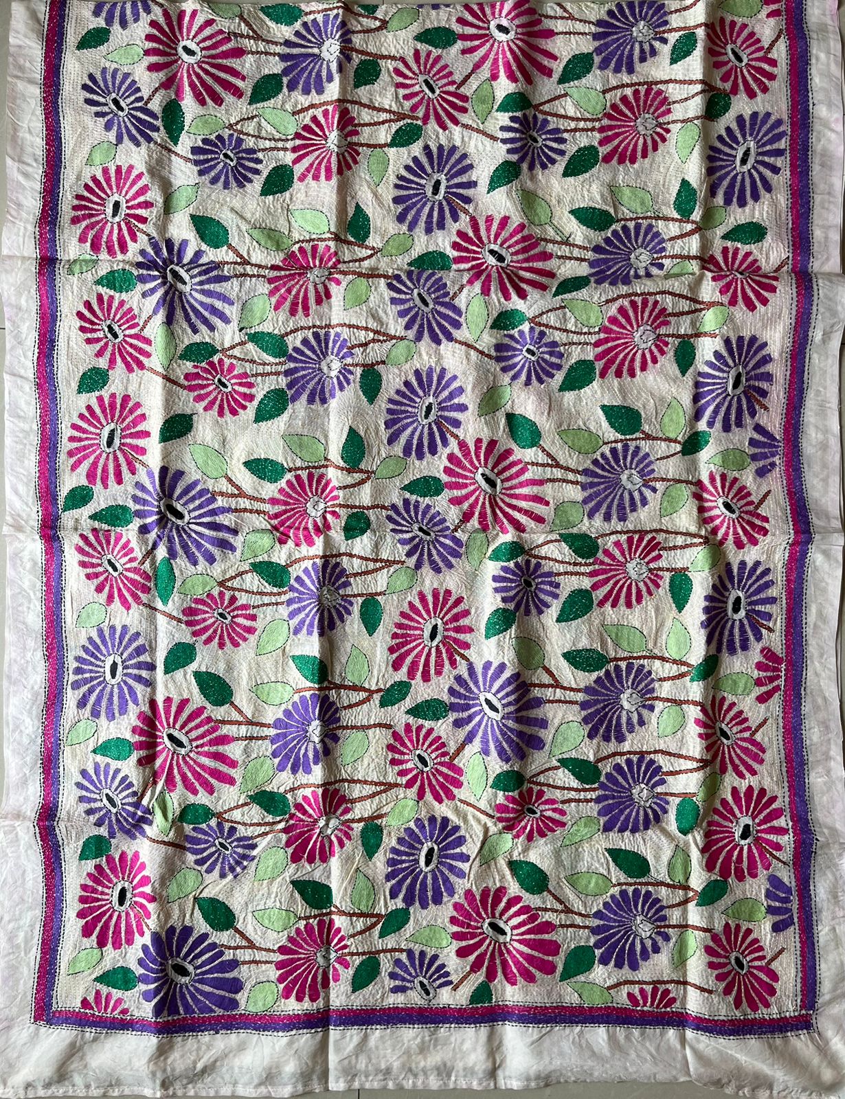 Kantha Stitch Silk Dupatta - Off White