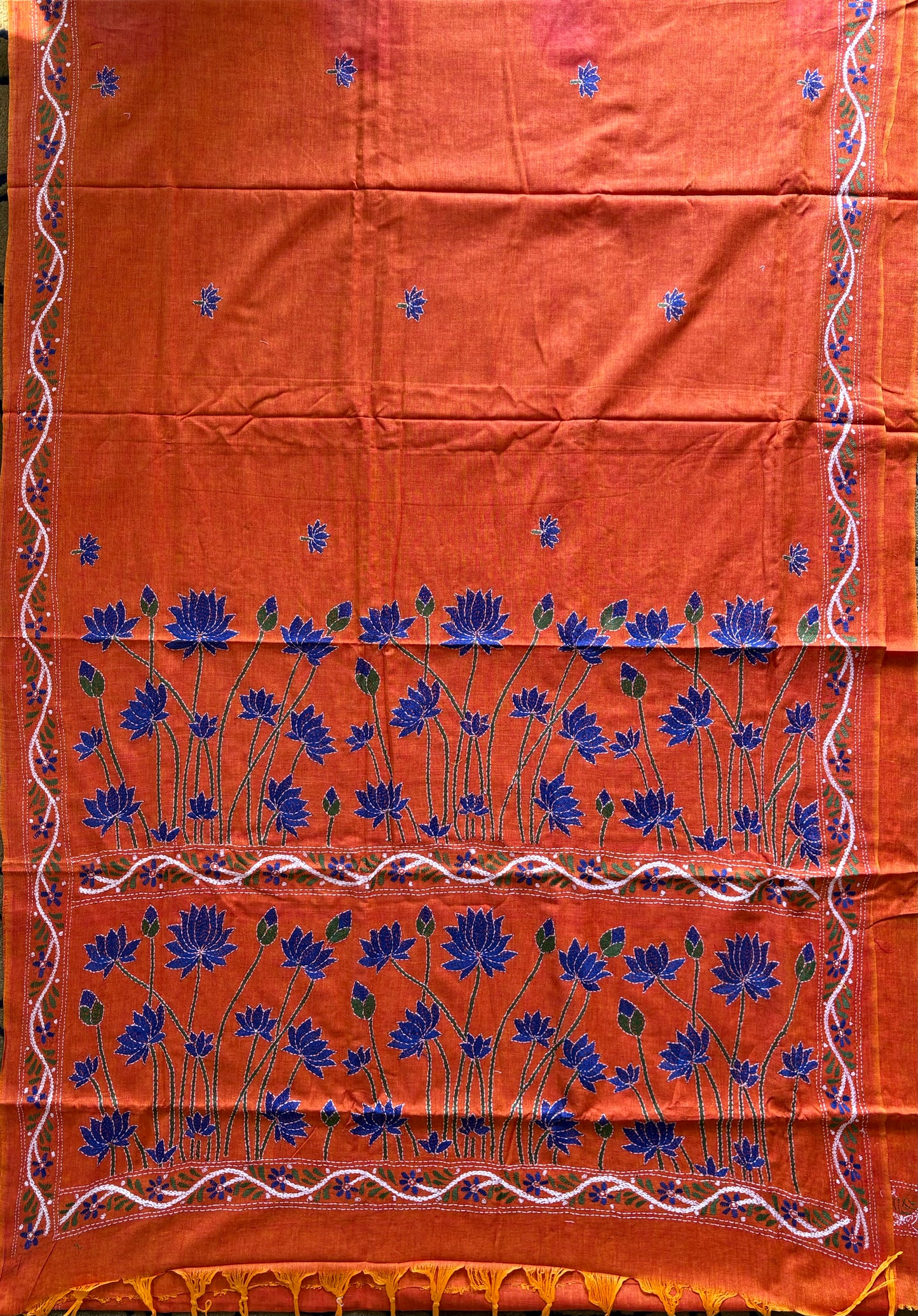 Kantha stitch Khadi Cotton Saree - Saffron