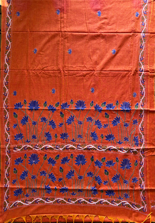 Kantha stitch Khadi Cotton Saree - Saffron