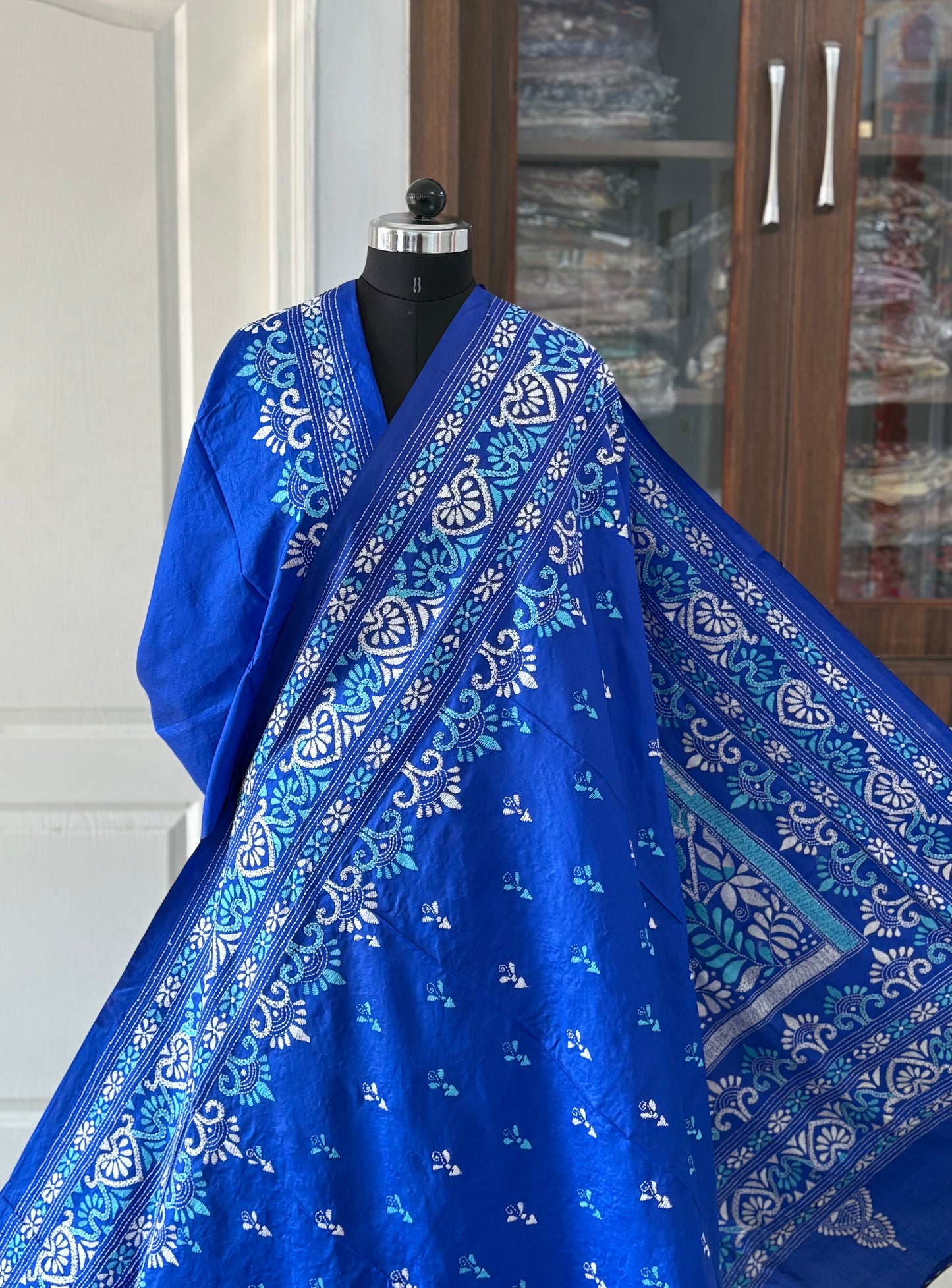 Kantha Stitch Hand Embroidered Pure Banglore Silk Saree (Silk Marked)