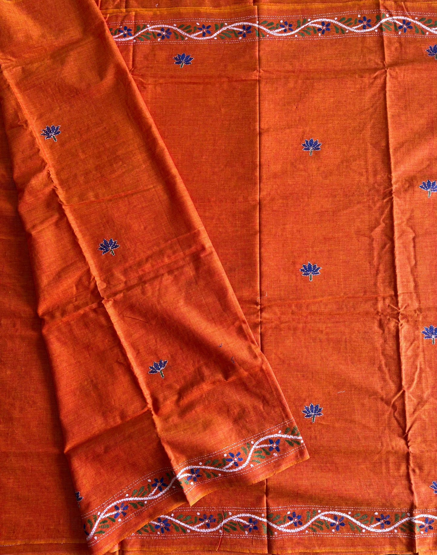 Kantha stitch Khadi Cotton Saree - Saffron