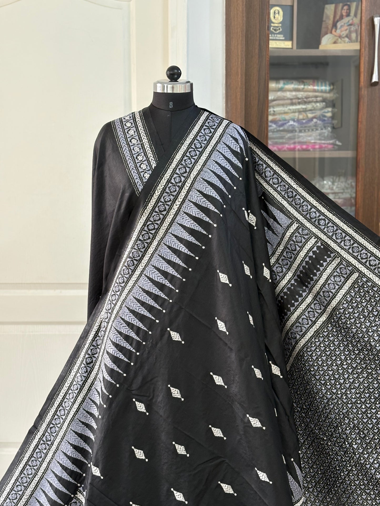 Black Kantha Stitch Hand Embroidered Pure Banglore Silk Saree (Silk Marked)
