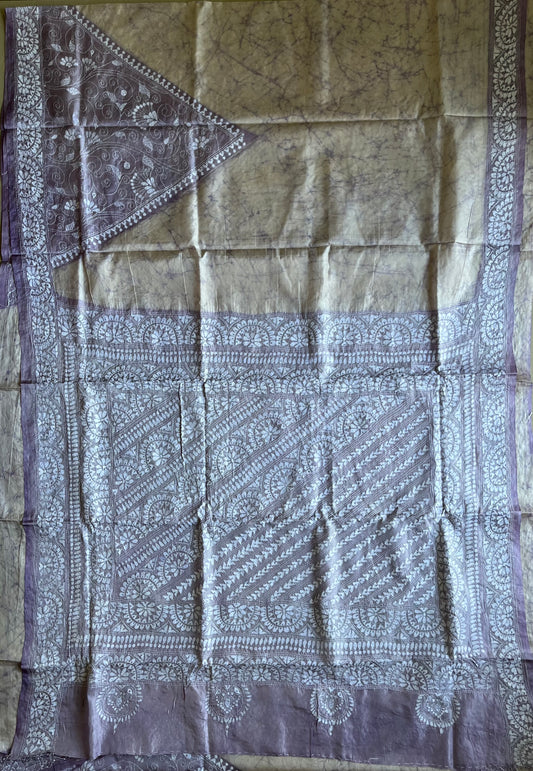 Kantha Stitch Hand Embroidered Art Silk Saree With Blouse