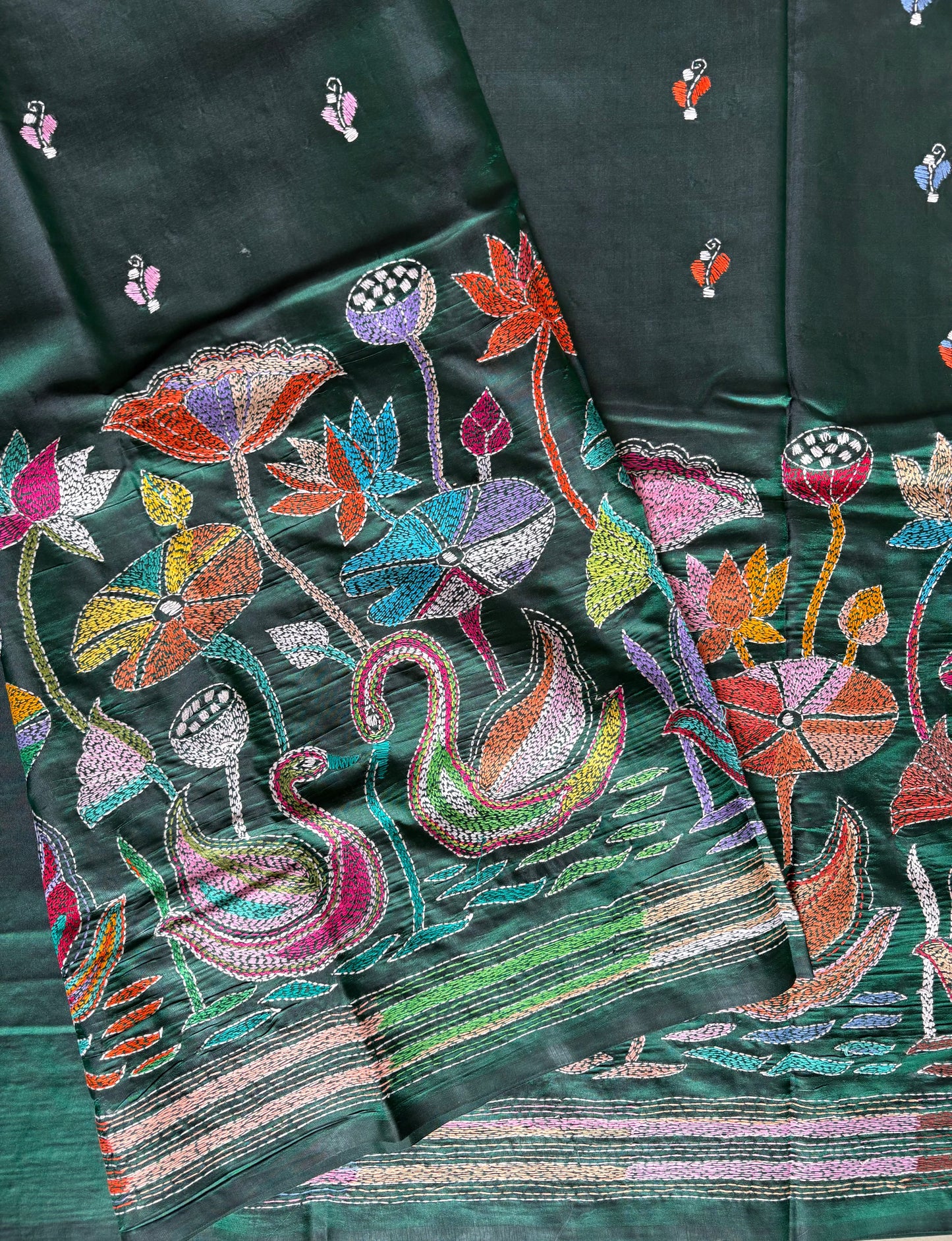 Bottle Green Kantha Stitch Hand Work Embroidered Art Silk Saree With Blouse