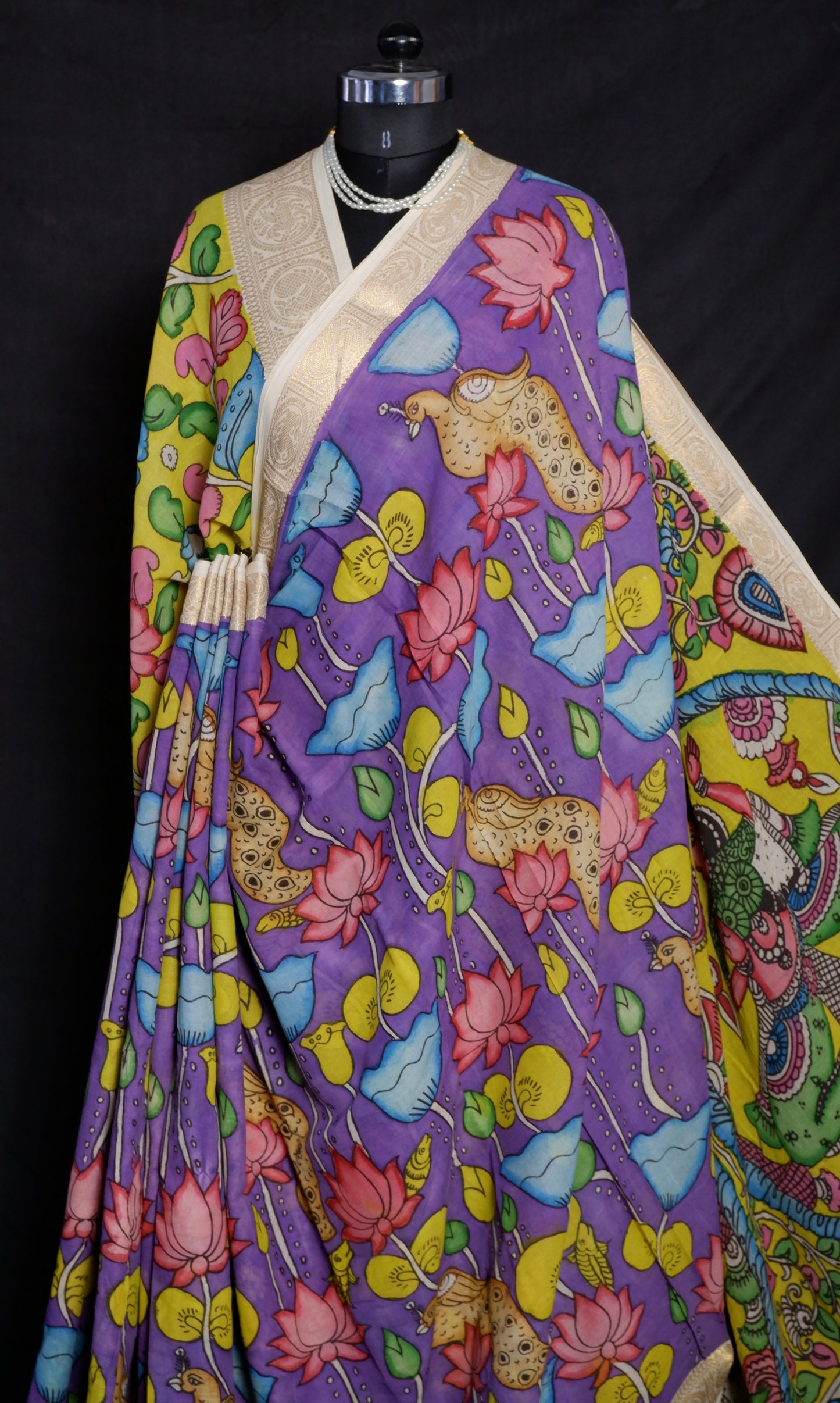 Pen Kalamkari hand painted pure cotton Saree with blouse