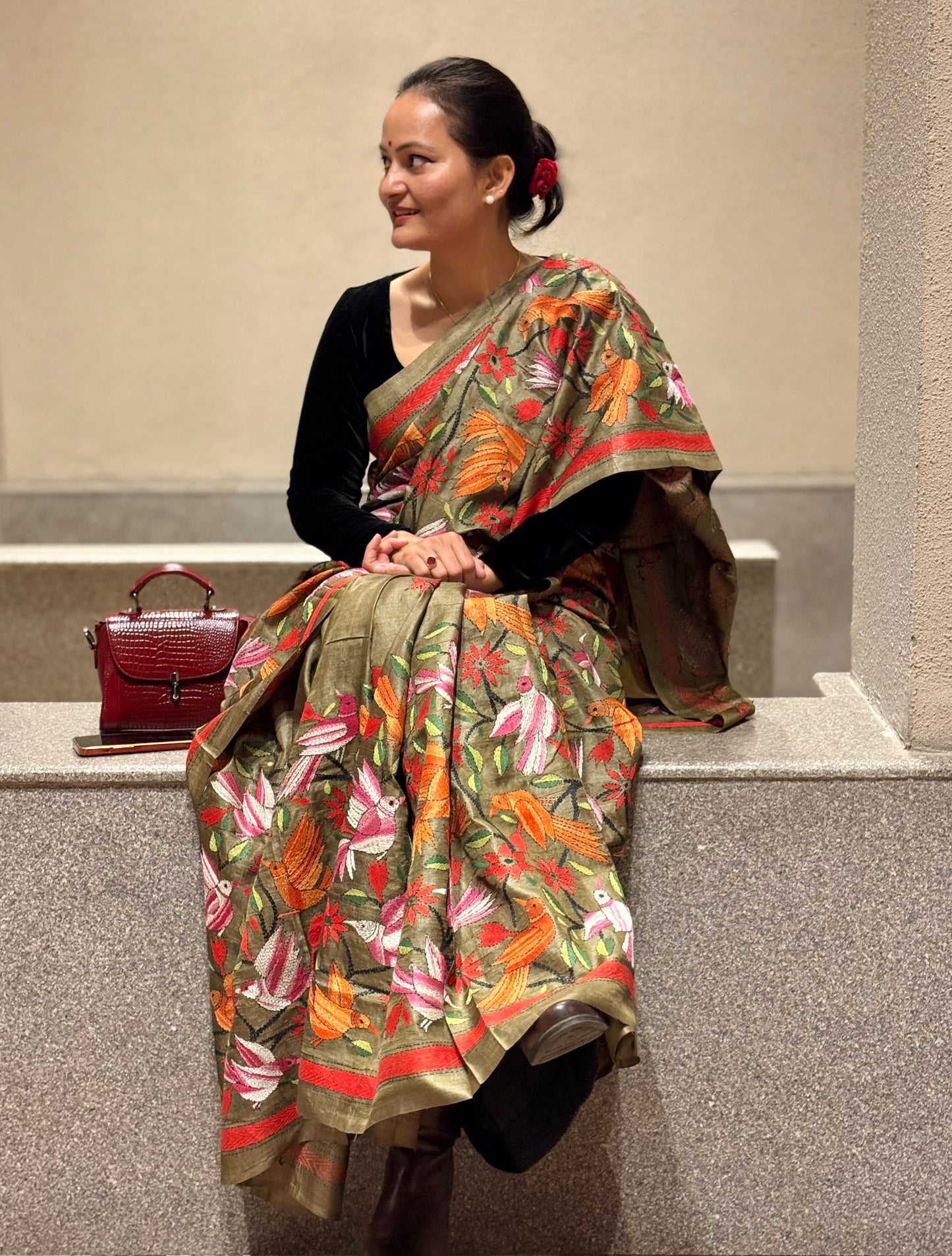 Kantha - Stitch Hand Embroidered Saree | Pure Gachi by Gachi Tussar Silk | Silk Mark Certified | Olive