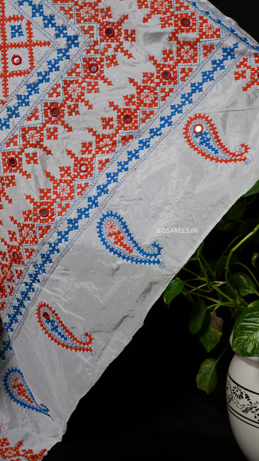 Heavy real mirror work Gujrati Stitch/Kutchi Bharat/Sindhi Hand Embroidered Art Silk Saree with blouse