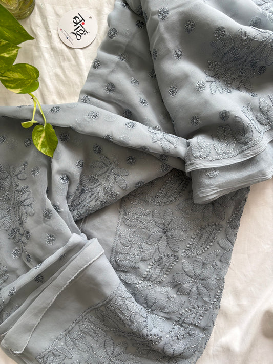 Chikankari Hand Embroidered Saree | Semi Georgette | Grey