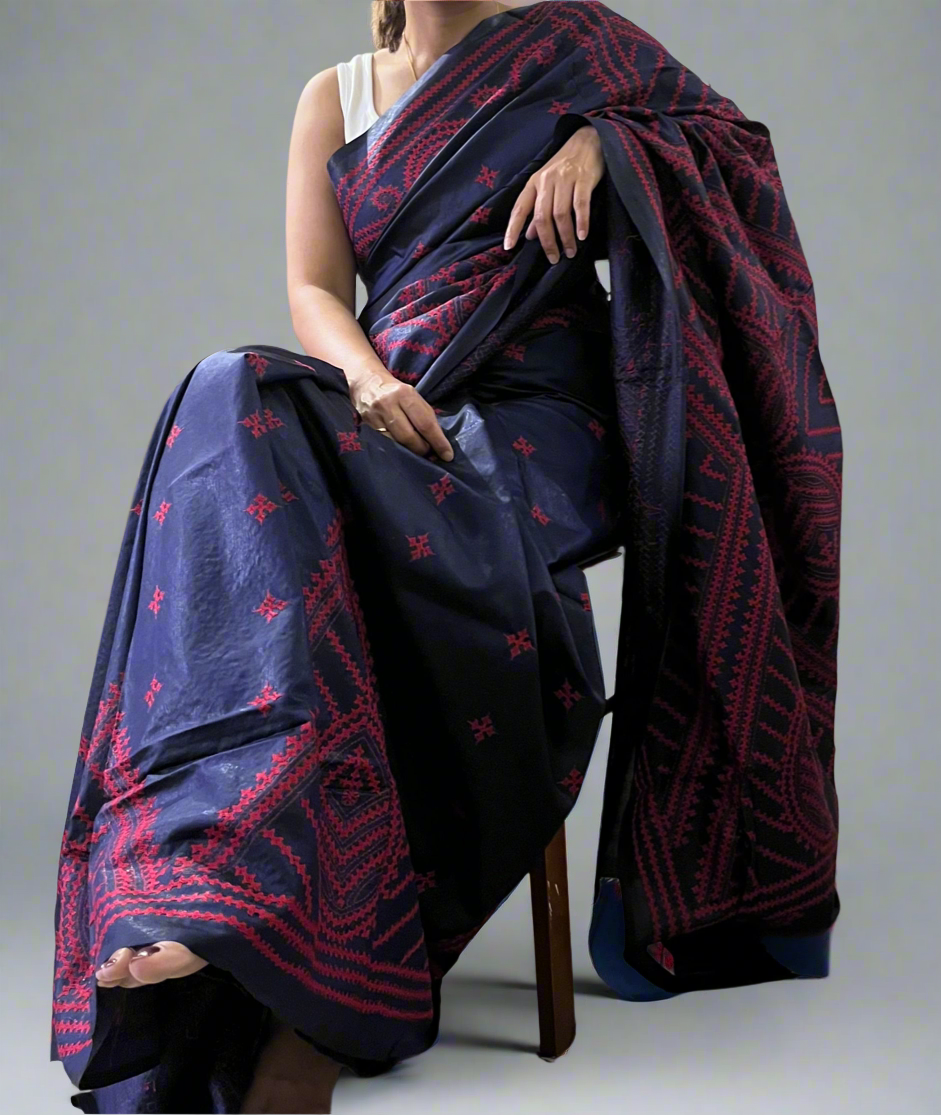 Kutch Hand Embroidered Pure Banglore Silk Saree – Navy Blue (Silk Marked)