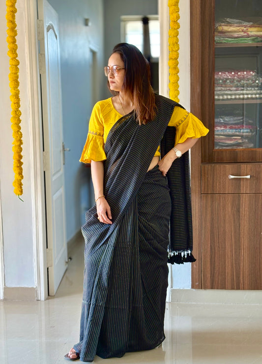 Mul Cotton All Over Stripe Saree – Black