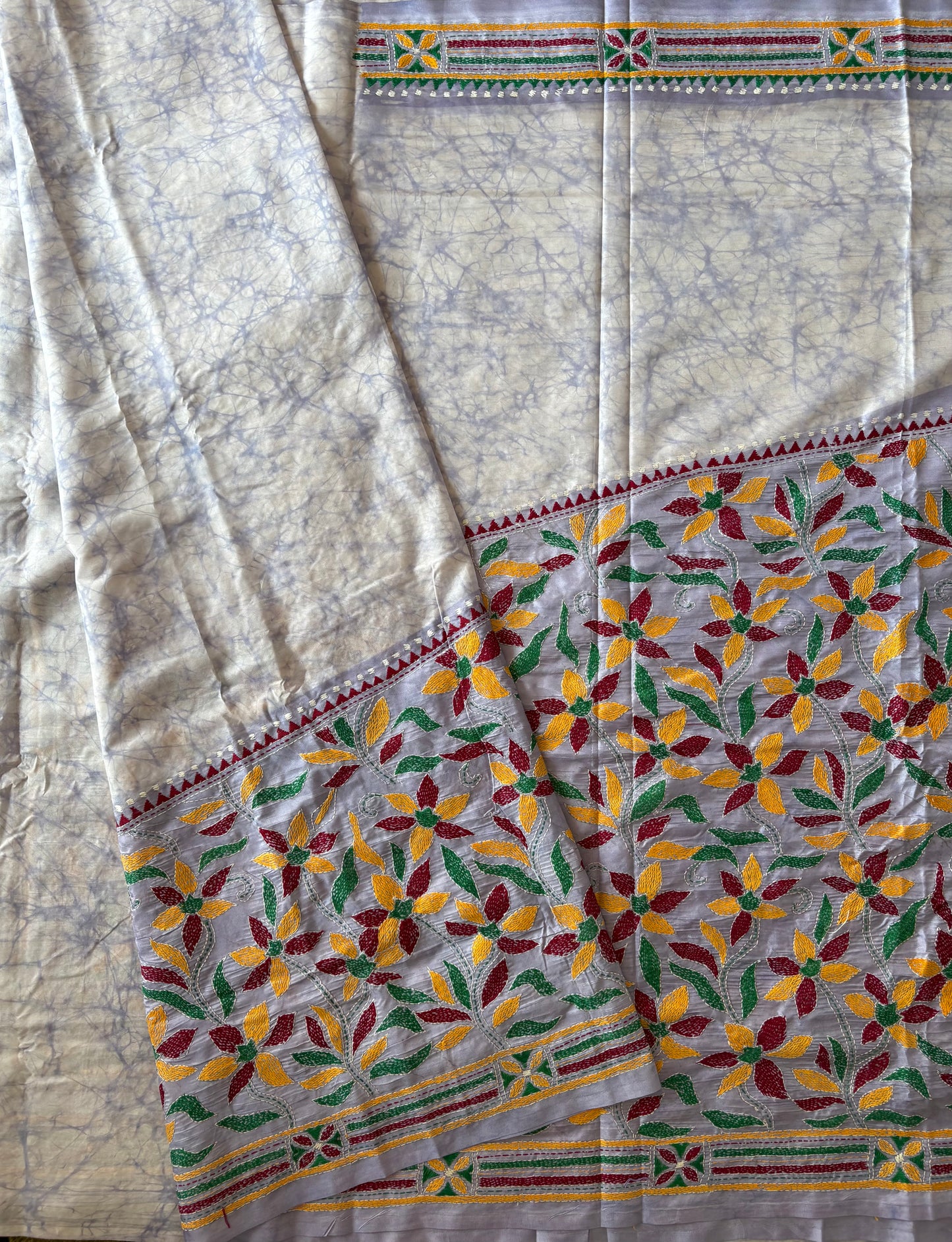 Kantha - Stitch Hand Embroidered Saree | Blended Bangalore Silk / Art Silk