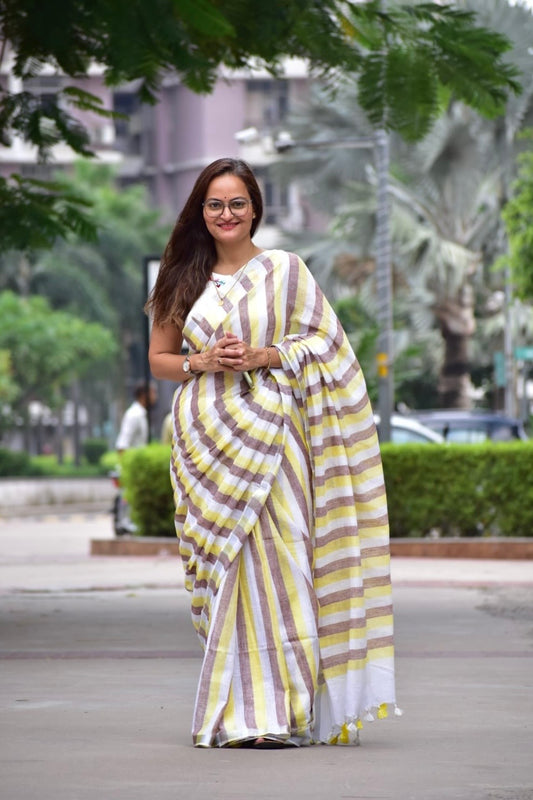 Linen strips Saree with running Blouse | Multicolor