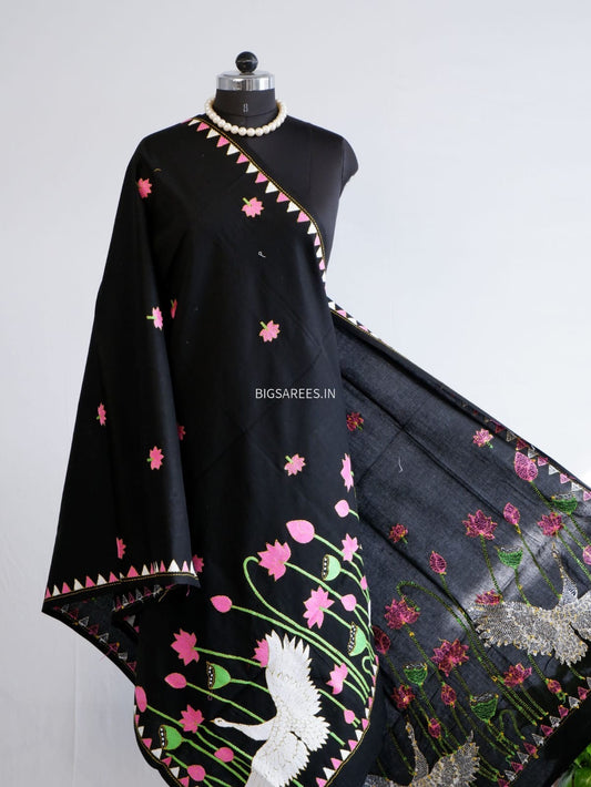 Hand Embroidered Kantha Stitch Dupatta | Khadi Cotton | Black