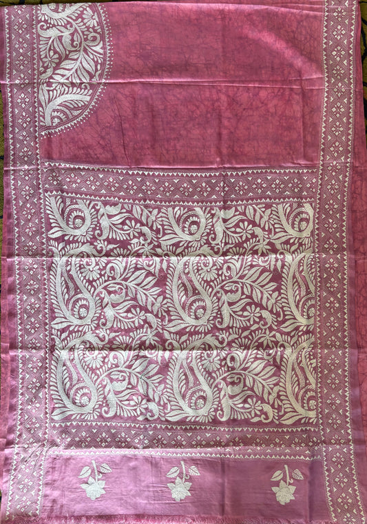 Kantha - Stitch Hand Embroidered Saree| Blended Bangalore Silk / Art Silk