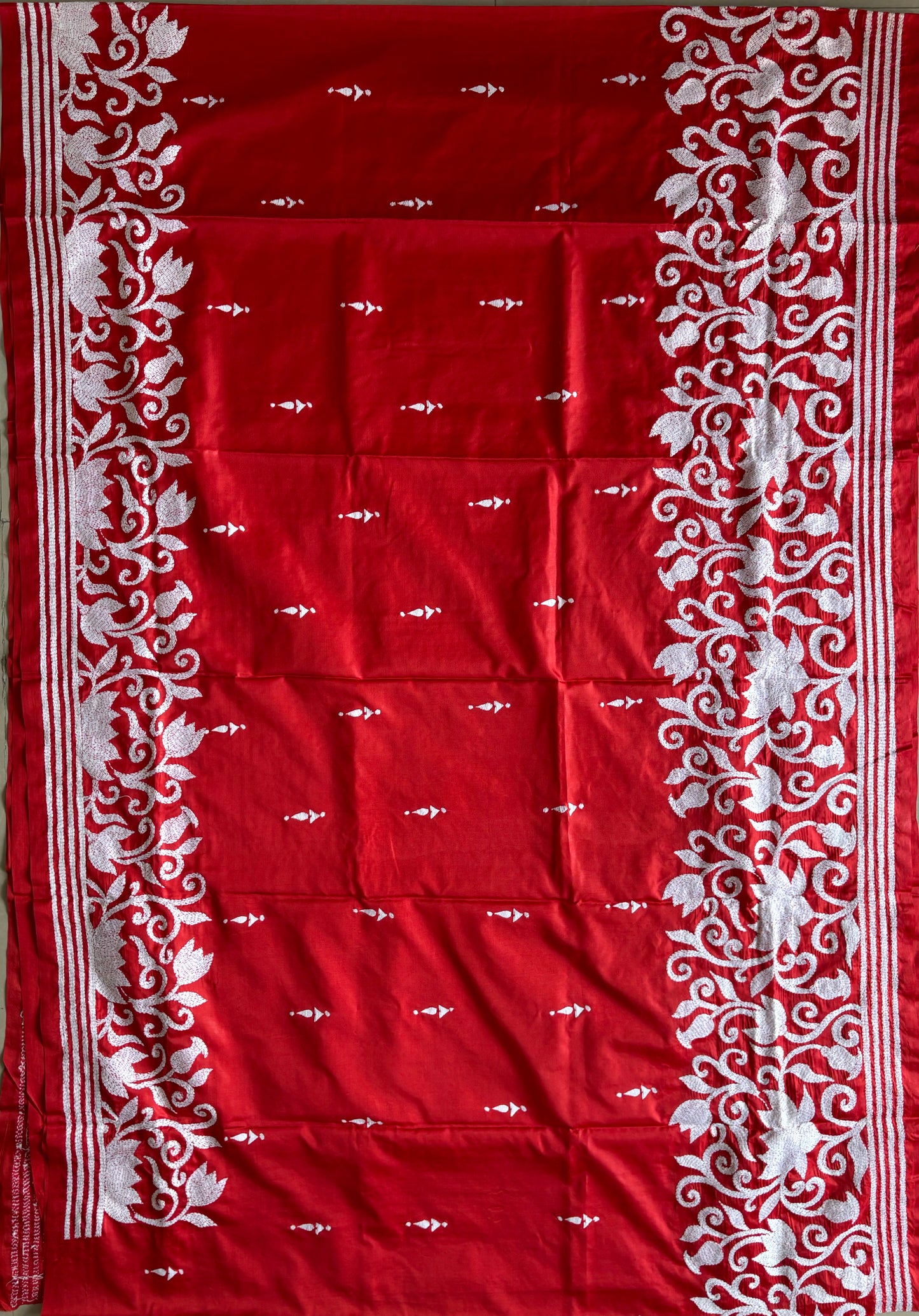 Red Kantha Hand Embroidered Blended Banglore Silk/Art Silk Saree With Blouse