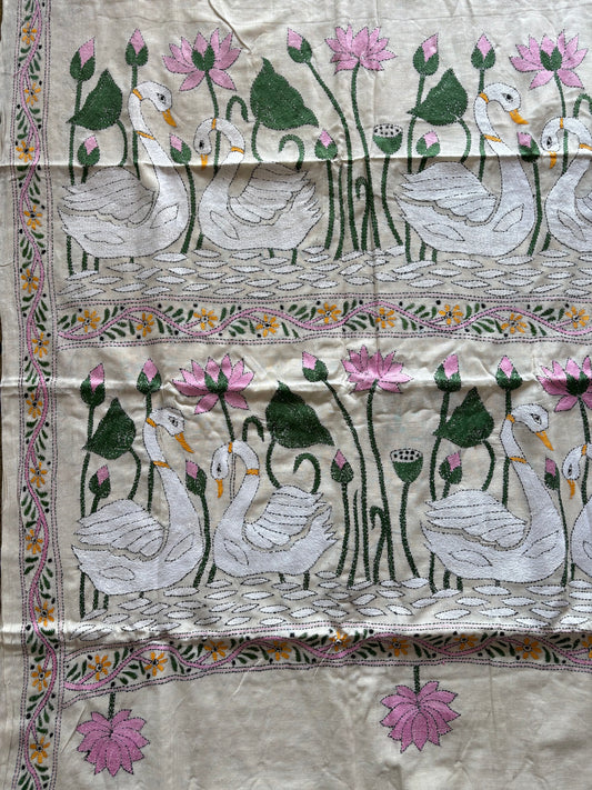 Kantha stitch Khadi Cotton Saree - Off white