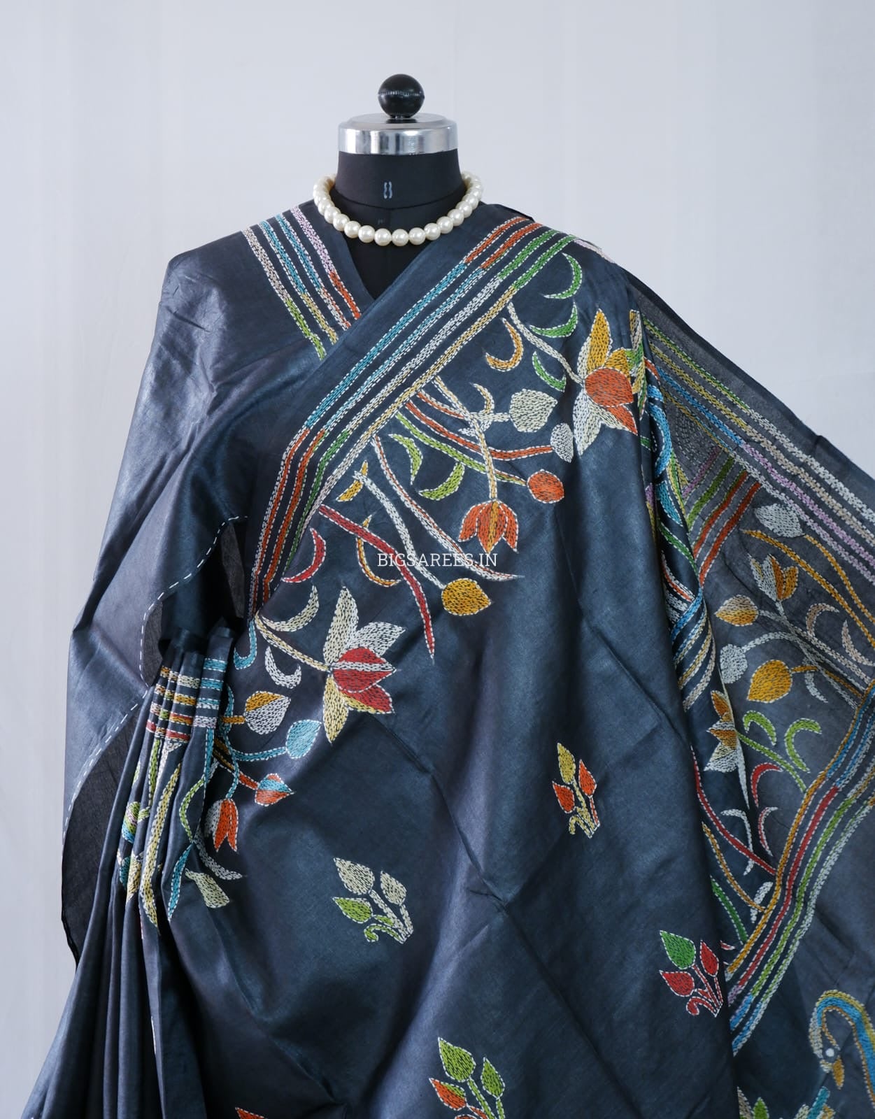 Kantha Hand Embroidered Pure Tussar Silk Saree