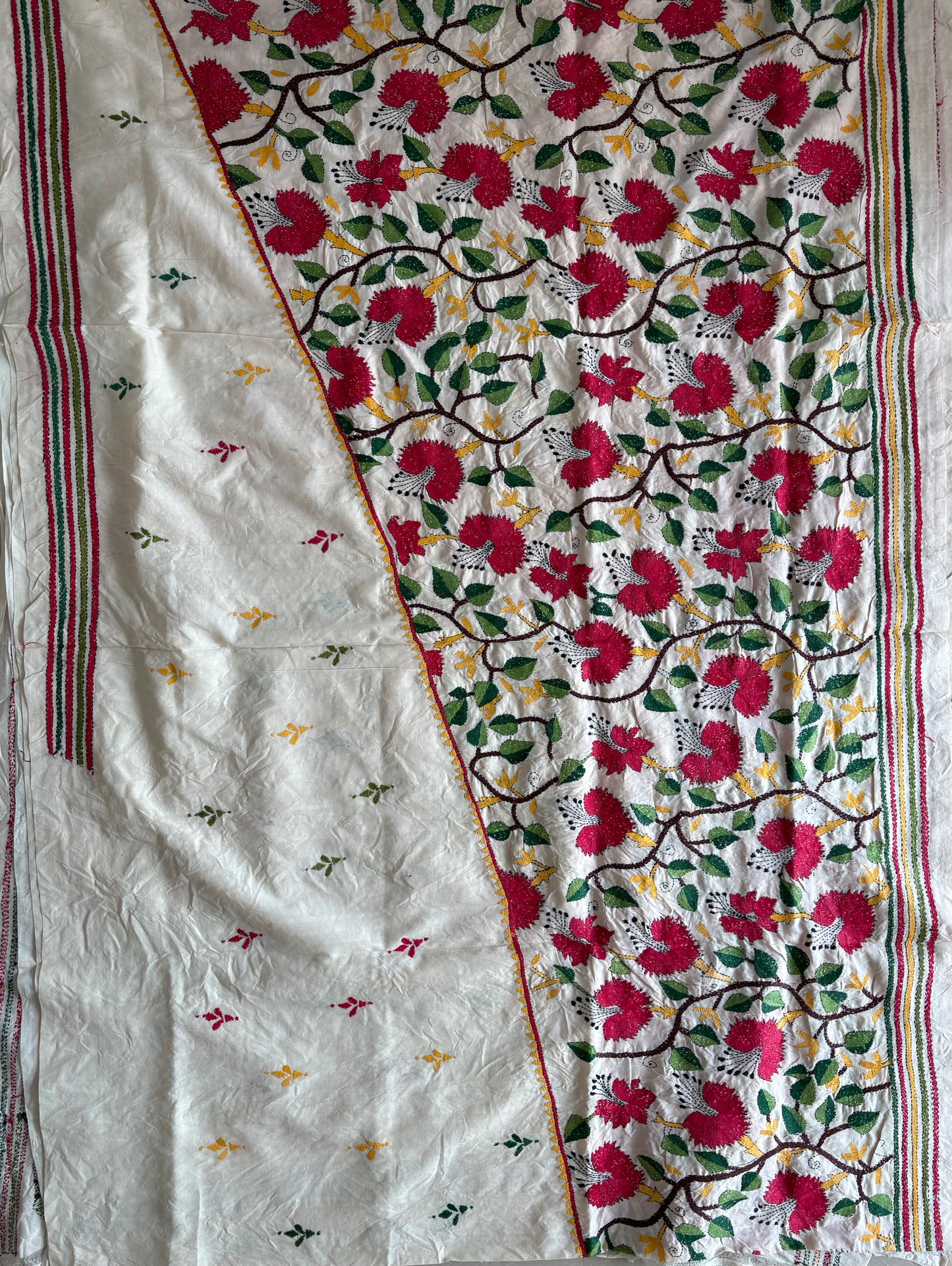 Off White Kantha Hand Embroidered Tussar Silk Saree