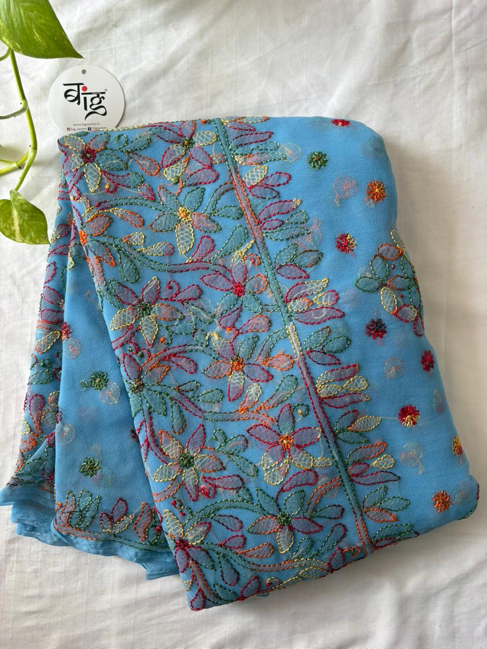 Chikankari Hand Embroidered Saree | Semi Georgette | Light Blue