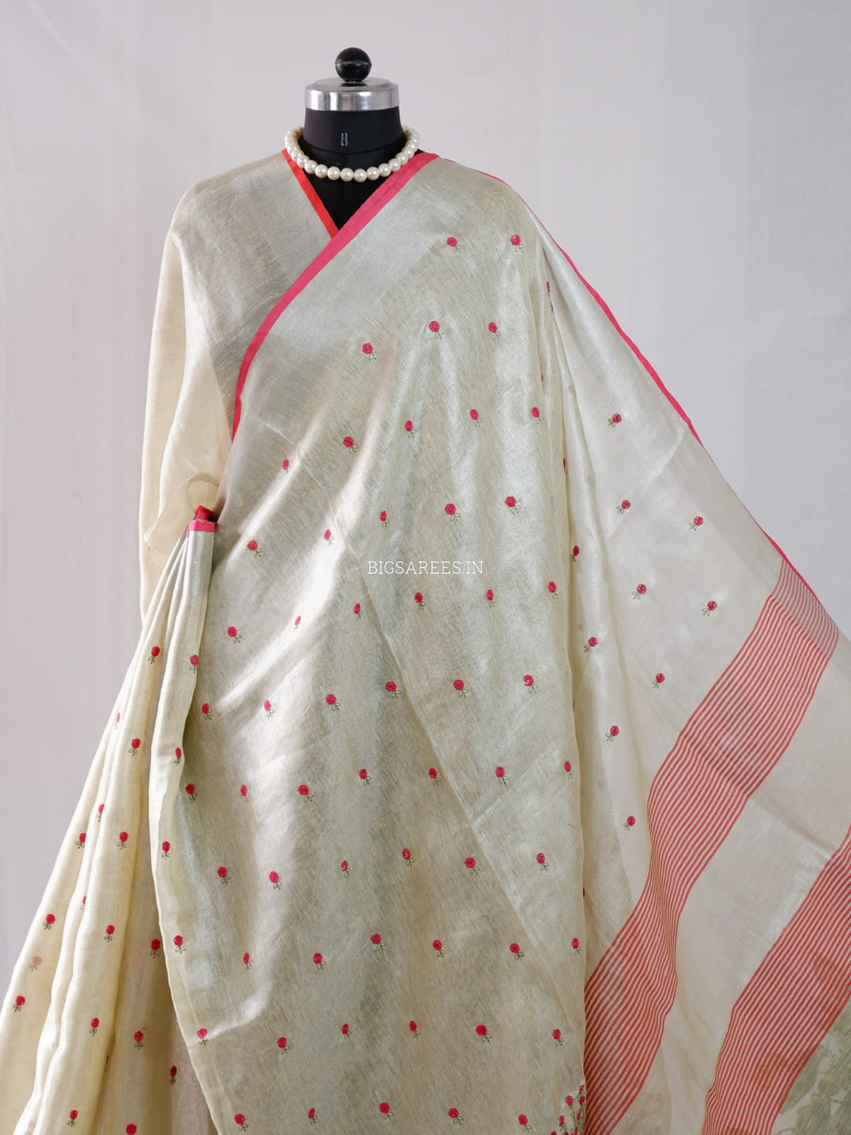 Tissue Linen Blend machine embroidered Saree | Pearl Cream